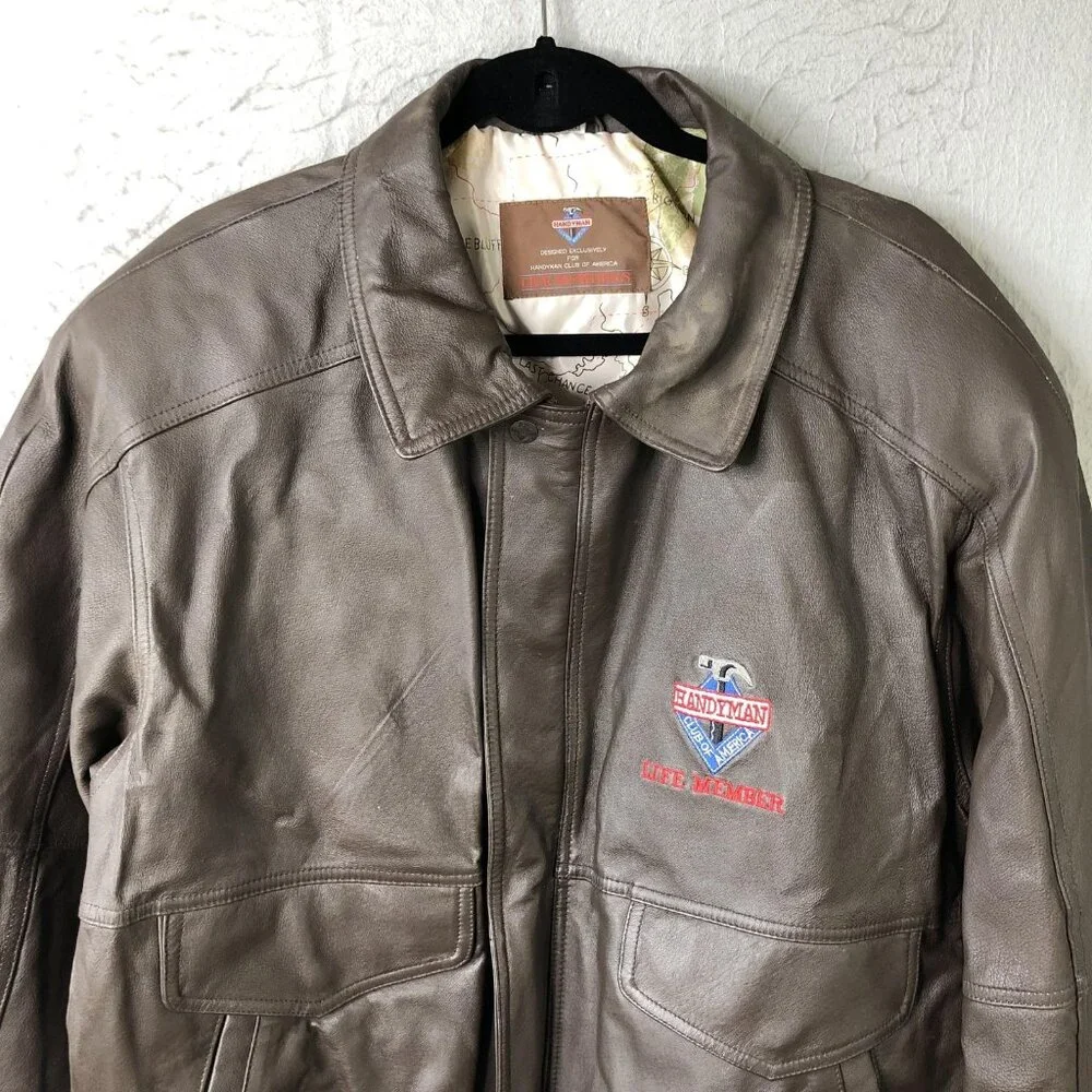 Handyman Club Of America Jacket Mens L Brown Leather Bomber Aviator Logo Retro - Picture 12 of 16